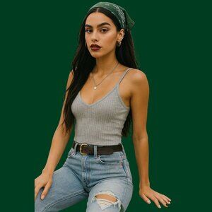 Brandy Melville Grey Ribbed V-Neck Cami Tank Top (OS, 100% Cotton, Made in Italy